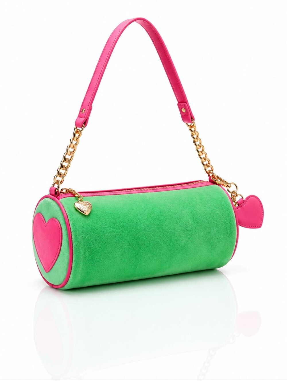 JUICY COUTURE Green Pink Logo Barrel BAG w Mini Purse Charm Y2K Velour Retro - Picture 5 of 6